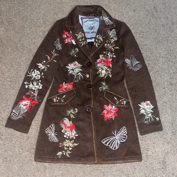 PAPARAZZI Embroidered Floral Butterfly Boho Wool Long Trench Coat Brown Small - Picture 3 of 11